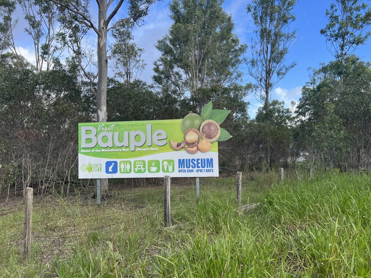Visit Bauple 마카다미아 너트의 고향 표지판